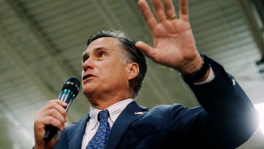 Former Republican presidential candidate Mitt Romney speaks at a campaign stop for another Republican presidential candidate, Ohio Gov. John Kasich, March 14, 2016, at Westerville Central High School in Westerville, Ohio. (Photo by Matt Rourke/AP)