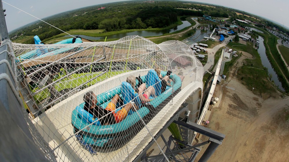 In this July 9, 2014, file photo, riders go down the water slide called "Verruckt" at Schlitterbahn Waterpark in Kansas City, Kan.