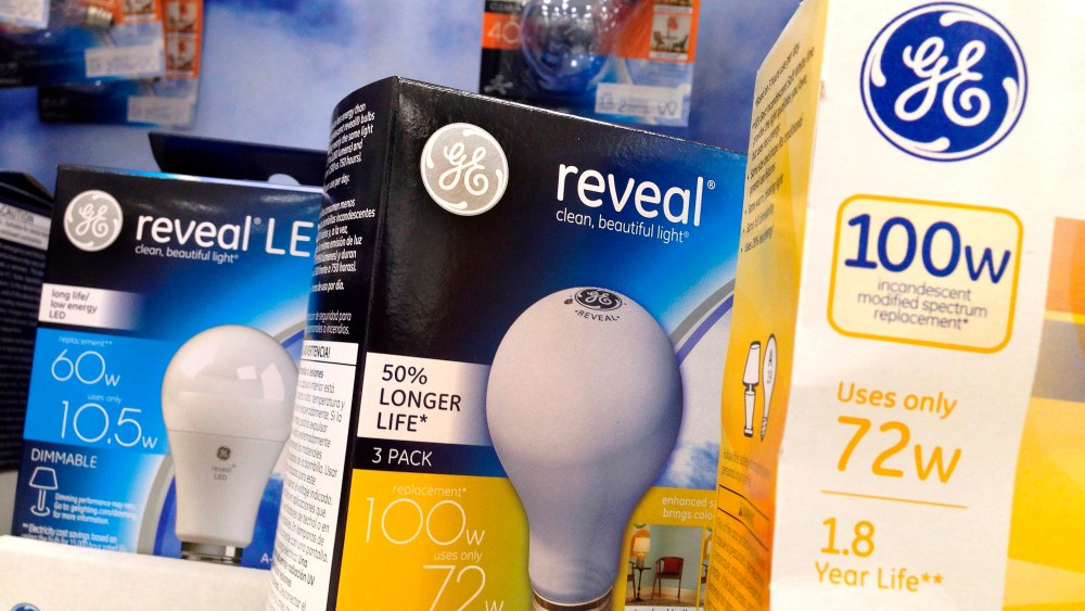 This Jan. 17, 2017, file photo shows General Electric light bulbs on display at a store, in Wilmington, Mass.