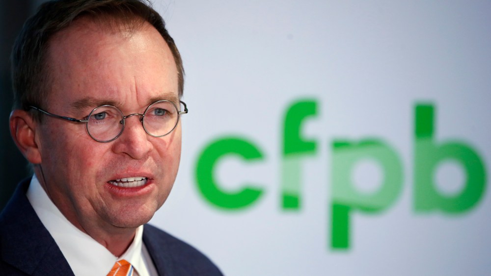 In this Nov. 27, 2017, file photo, Mick Mulvaney speaks during a news conference after his first day as acting director of the Consumer Financial Protection Bureau, or CFPB, in Washington.