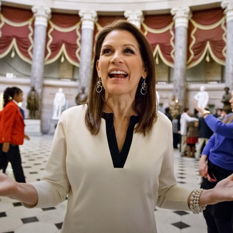 Rep. Michele Bachmann, R-Minn., speaks with reporters at the Capitol in Washington, Dec. 11, 2014. (Photo by J. Scott Applewhite/AP)