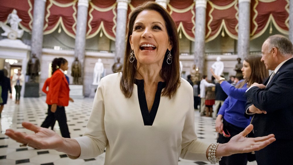 Rep. Michele Bachmann, R-Minn., speaks with reporters at the Capitol in Washington, Dec. 11, 2014. (Photo by J. Scott Applewhite/AP)