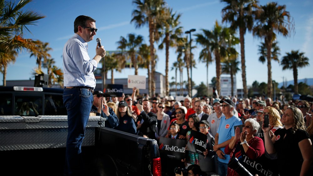 Republican presidential candidate Sen. Ted Cruz, R-Texas, speaks from the bed of a truck at a rally, Feb. 21, 2016, in Pahrump, Nev. (Photo by John Locher/AP)