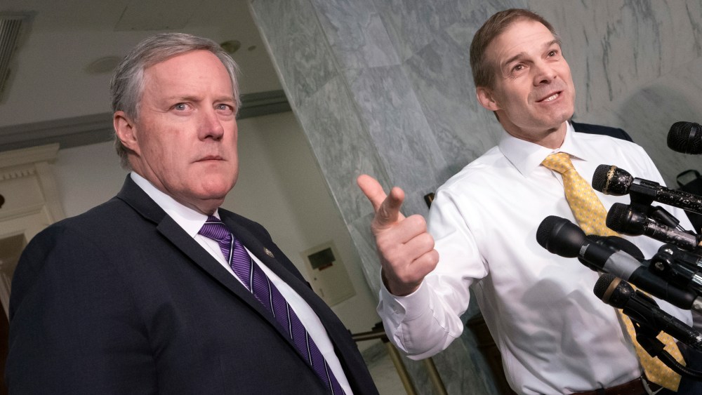 Rep. Mark Meadows, R-N.C., left, and Rep. Jim Jordan, the House Oversight and Reform Committee's ranking member, during a news conference on Capitol Hill in Washington, Tuesday, April 2, 2019.