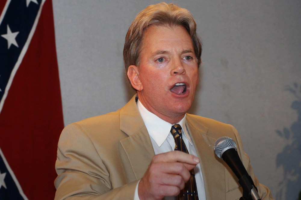 In this May 29, 2004 file photo, Former Ku Klux Klan leader David Duke speaks to supporters in Kenner, La. (Photo by Burt Steel/AP)