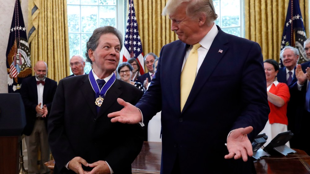 President Donald Trump talks with with economist Arthur Laffer after awarding him the Presidential Medal of Freedom Wednesday, June 19, 2019.