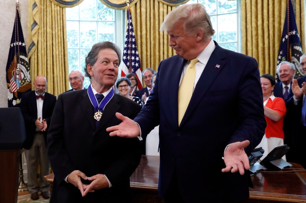 President Donald Trump talks with with economist Arthur Laffer after awarding him the Presidential Medal of Freedom Wednesday, June 19, 2019.