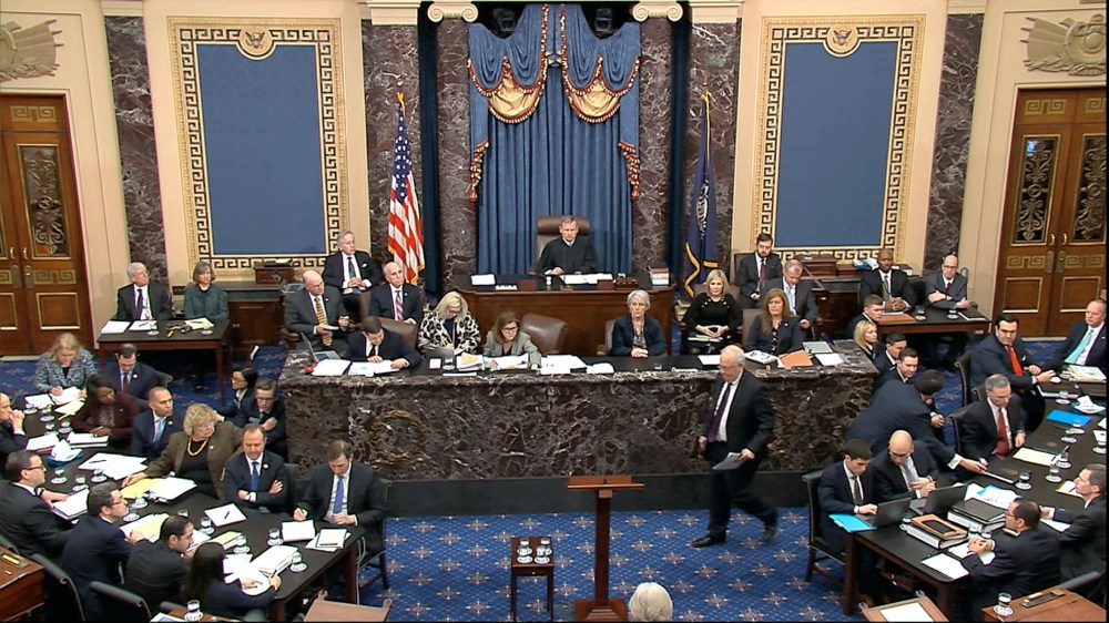 In this image from video, Ken Starr, an attorney for President Donald Trump, walks to the podium to speak during the impeachment trial against Trump in the Senate at the U.S. Capitol in Washington, Monday, Jan. 27, 2020.