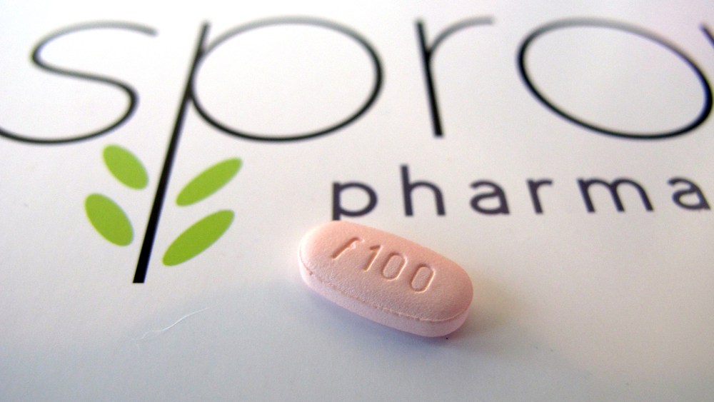 In this June 22, 2015, photo, a tablet of flibanserin sits on a brochure for Sprout Pharmaceuticals in the company's Raleigh, N.C., headquarters. (Photo by Allen G. Breed/AP)