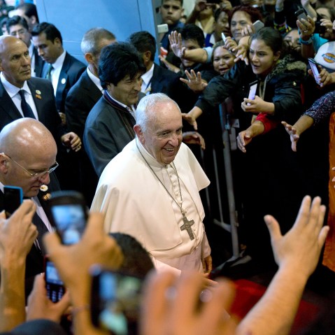 Pope Francis arrives at the second World Meeting of Popular Movements in Santa Cruz, Bolivia, July 9, 2015. (Photo by Rodrigo Abd/AP)