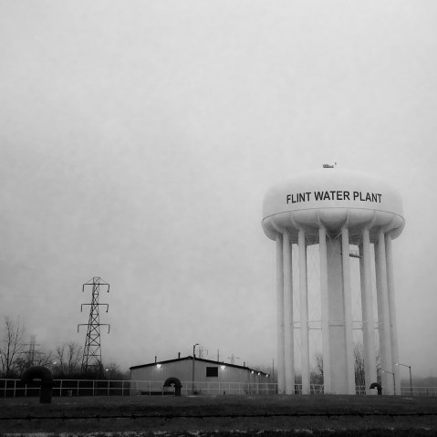 This Jan. 21, 2016 photo shows the water tower at the Flint, Mich., water plant. (Photo by Perry Rech/American Red Cross/AP)