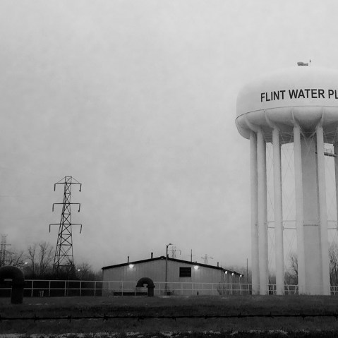 This Jan. 21, 2016 photo shows the water tower at the Flint, Mich., water plant. (Photo by Perry Rech/American Red Cross/AP)