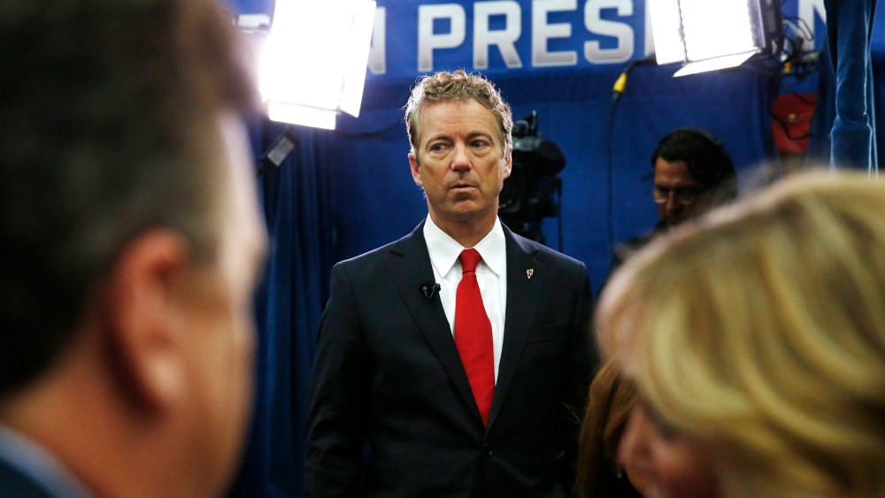 Rand Paul pauses after an interview in the spin room following the CNBC Republican presidential debate at the University of Colorado, Oct. 28, 2015, in Boulder, Colo. (Photo by Brennan Linsley/AP)