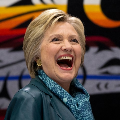 Democratic presidential candidate Hillary Clinton laughs as she participates in a roundtable with Washington Tribal Leaders at Chief Leschi School in Puyallup, Wash., March 22, 2016. (Photo by Carolyn Kaster/AP)