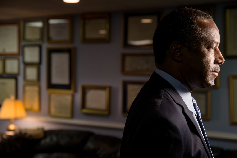 Republican presidential candidate Dr. Ben Carson awaits an interview in his home in Upperco, Md., Dec. 23, 2015. (Photo by Andrew Harnik/AP)