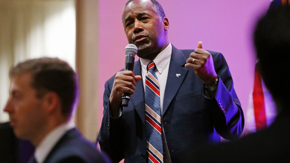 Republican presidential candidate, Dr. Ben Carson speaks at a rally, Nov. 23, 2015, in Pahrump, Nev. (Photo by John Locher/AP)