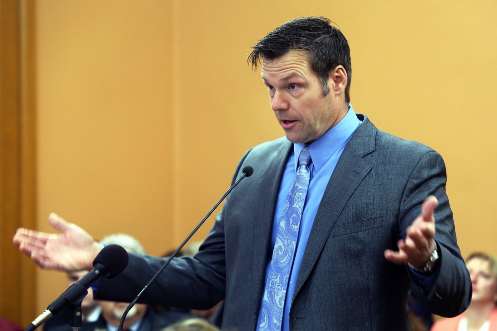 Speaking to the House Elections Committee, Secretary of State Kris Kobach said he has filed new voter fraud charges in three counties, Jan. 25, 2016. (Photo by Thad Allton/Topeka Capital-Journal/AP)
