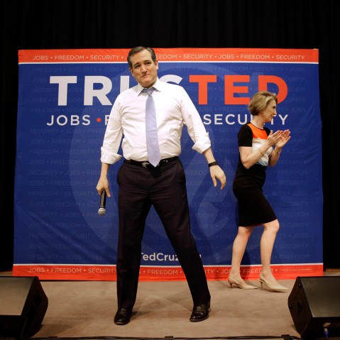 Republican presidential candidate, Sen. Ted Cruz, R-Texas stands onstage after being introduced by former candidate Carly Fiorina, during a rally in Towson, Md., April 18, 2016. (Photo by Patrick Semansky/AP)