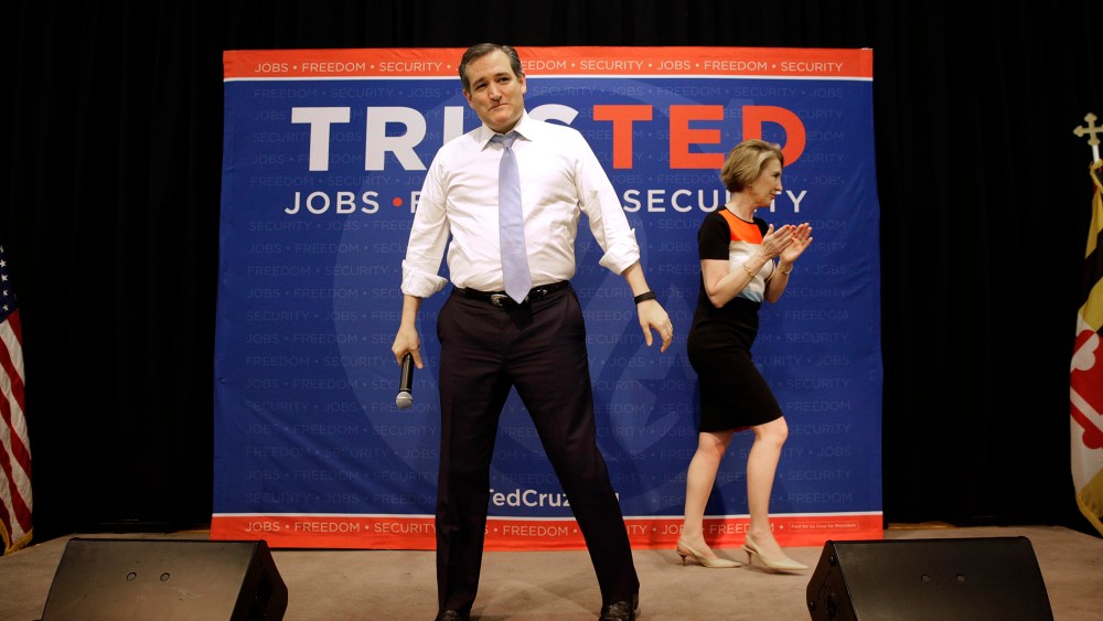 Republican presidential candidate, Sen. Ted Cruz, R-Texas stands onstage after being introduced by former candidate Carly Fiorina, during a rally in Towson, Md., April 18, 2016. (Photo by Patrick Semansky/AP)