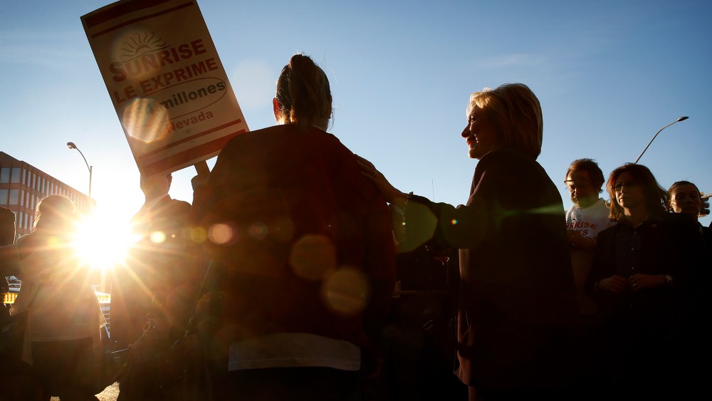 Democratic presidential candidate Hillary Clinton meets with Culinary Union members holding a rally outside of Sunrise Hospital, Feb. 18, 2016, in Las Vegas. (Photo by John Locher/AP)