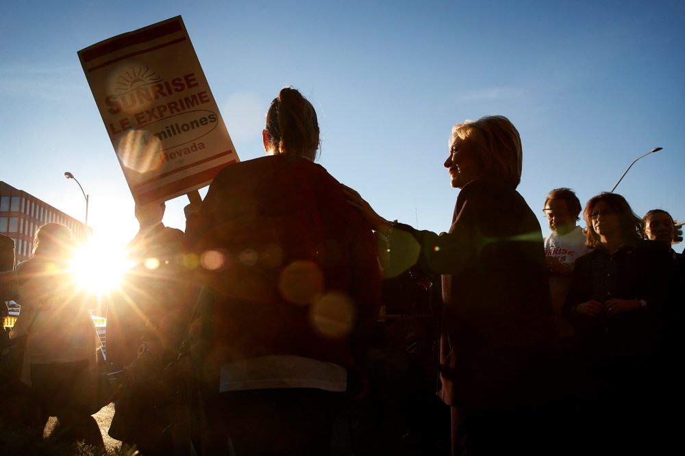 Democratic presidential candidate Hillary Clinton meets with Culinary Union members holding a rally outside of Sunrise Hospital, Feb. 18, 2016, in Las Vegas. (Photo by John Locher/AP)