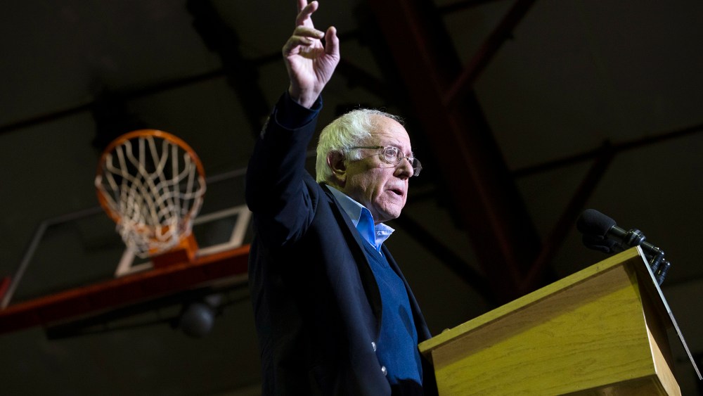 Democratic presidential candidate Sen. Bernie Sanders (I-Vt) gestures during a campaign speech, Feb. 8, 2016, in Nashua, N.H. (Photo by John Minchillo/AP)