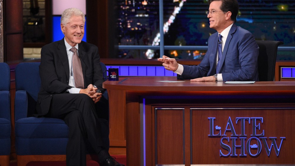 President Bill Clinton appears on The Late Show with Stephen Colbert, Oct. 6, 2015, in New York. (Photo by Jeffrey R. Staab/CBS/AP)
