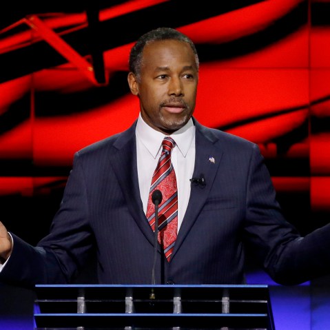 Republican presidential candidate, retired neurosurgeon Ben Carson speaks during a Republican presidential primary debate, Feb. 25, 2016, in Houston. (Photo by David J. Phillip/AP)