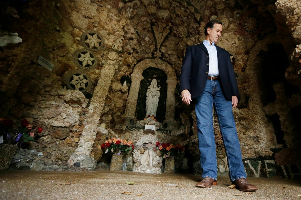 Republican presidential candidate, former Pennsylvania Sen. Rick Santorum tours the Shrine of the Grotto of the Redemption, Sunday, Aug. 23, 2015, in West Bend, Iowa. (Photo by Charlie Neibergall/AP)