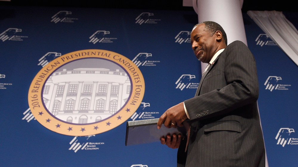 Republican presidential candidate Ben Carson arrives to speak at the Republican Jewish Coalition Presidential Forum in Washington, Dec. 3, 2015. (Photo by Susan Walsh/AP)