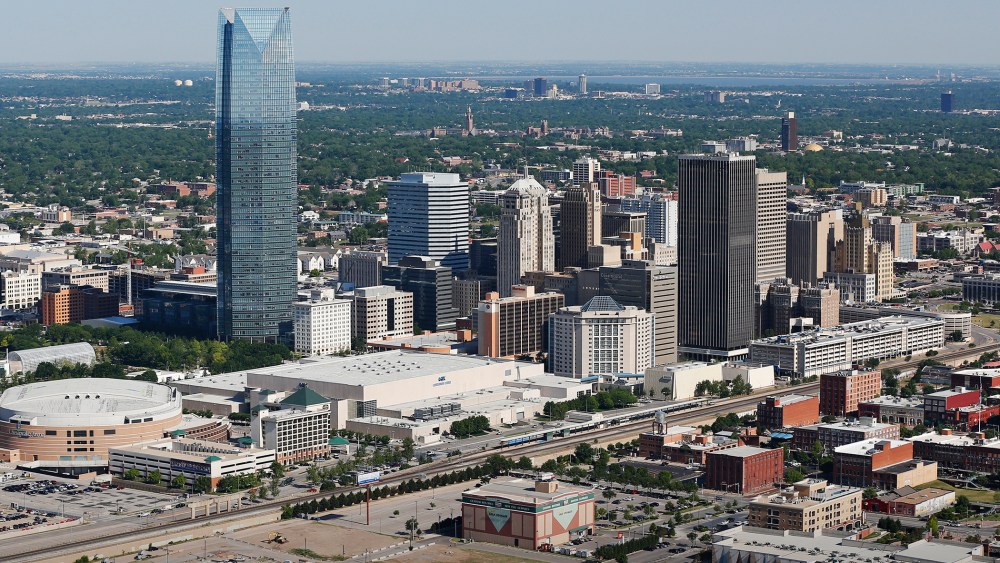 The Oklahoma City skyline is pictured in an aerial photo, May 15, 2014. (Photo by Sue Ogrocki/AP)