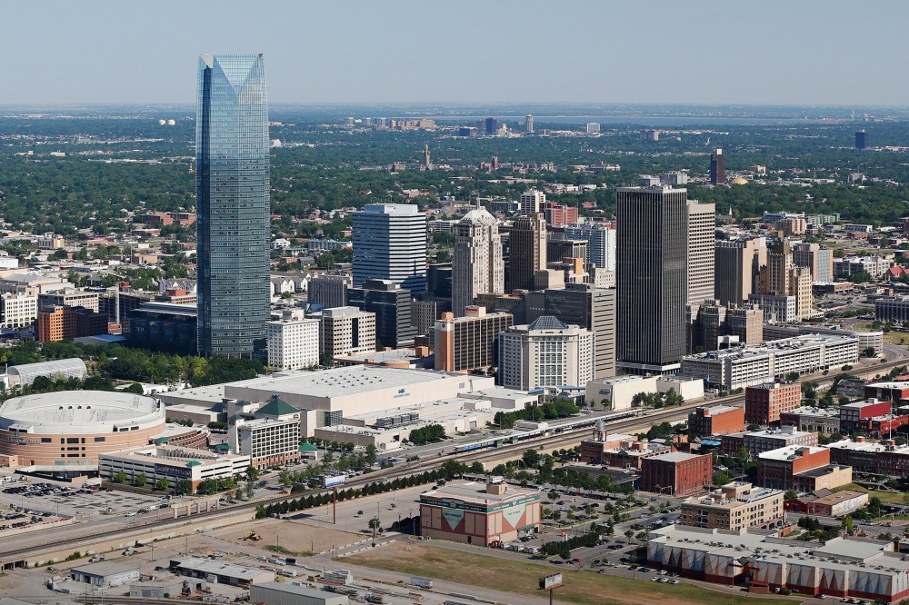 The Oklahoma City skyline is pictured in an aerial photo, May 15, 2014. (Photo by Sue Ogrocki/AP)