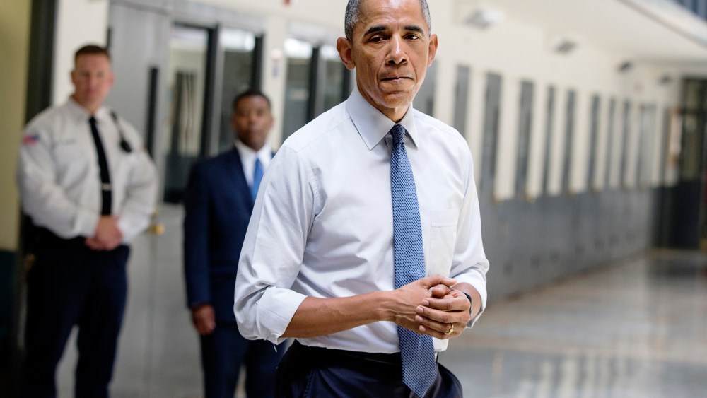 President Barack Obama pauses as he speaks at the El Reno Federal Correctional Institution, Okla., July 16, 2015. (Photo by Evan Vucci/AP)