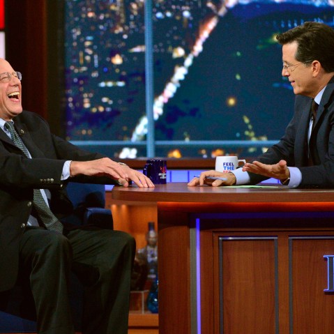 Senator and Democratic candidate for president, Bernie Sanders, left, joins host Stephen Colbert on the set of "The Late Show with Stephen Colbert," on Sept. 18, 2015 in N.Y. (Photo by John Paul Filo/CBS/AP)