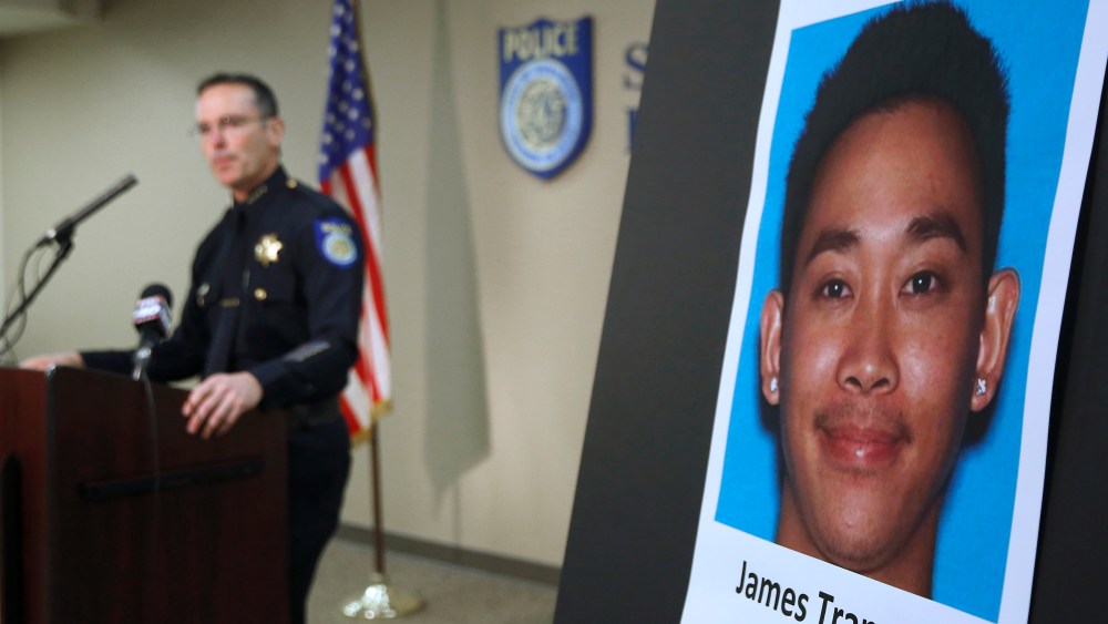 Sacramento Police Chief Sam Somers Jr., left, announces the arrest of James Tran on Nov. 4, 2015. (Photo by Rich Pedroncelli/AP)