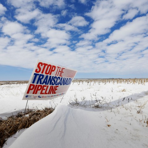 In this March 11, 2013, file photo, a sign reading "Stop the Transcanada Pipeline" stands in a field near Bradshaw, Neb. (Photo by Nati Harnik/AP)