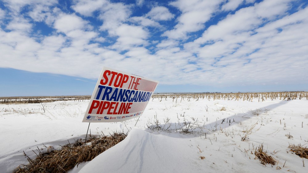 In this March 11, 2013, file photo, a sign reading "Stop the Transcanada Pipeline" stands in a field near Bradshaw, Neb. (Photo by Nati Harnik/AP)