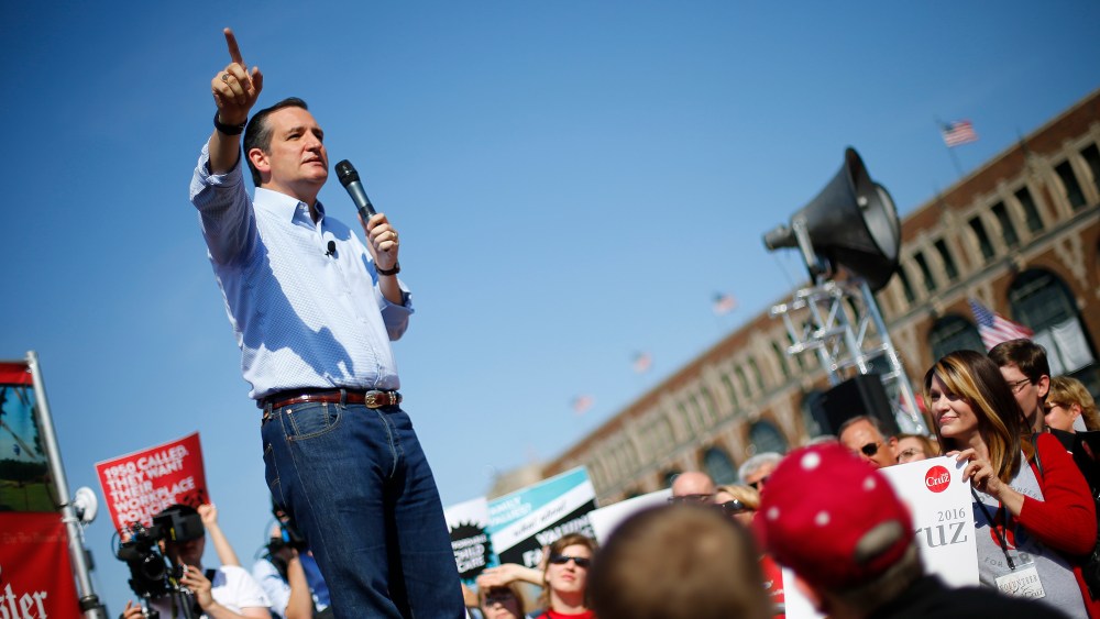 Republican presidential candidate Sen. Ted Cruz speaks at the Iowa State Fair on Aug. 21, 2015, in Des Moines, Iowa. (Photo by Paul Sancya/AP)