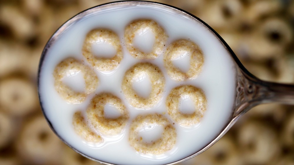 This June 15, 2011 file photo shows a spoonful of Honey Nut Cheerios in Pembroke, N.Y. (Photo by David Duprey/File/AP)