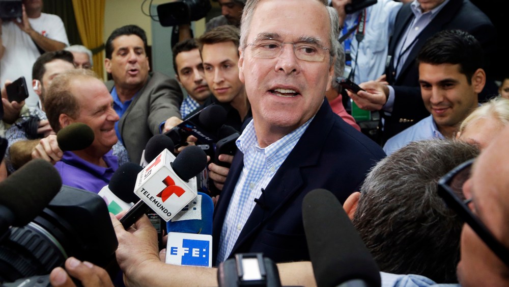 Republican presidential candidate, former Florida Gov. Jeb Bush takes questions from the news media following a town hall at La Progresiva Presbyterian School, Tuesday, Sept. 1, 2015, in Miami. (Photo by Lynne Sladky/AP)