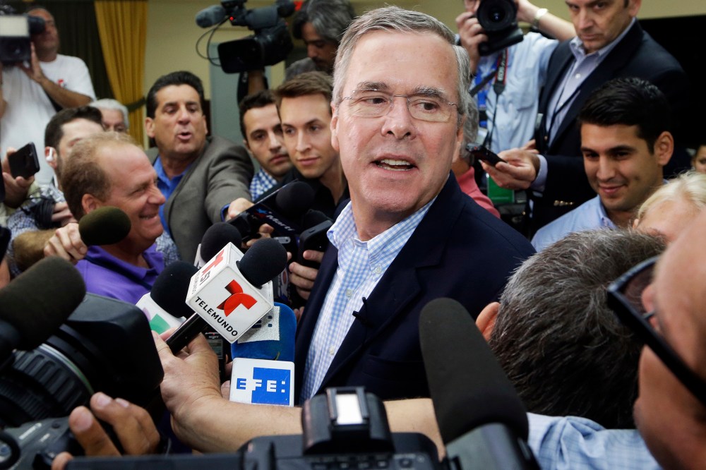 Republican presidential candidate, former Florida Gov. Jeb Bush takes questions from the news media following a town hall at La Progresiva Presbyterian School, Tuesday, Sept. 1, 2015, in Miami. (Photo by Lynne Sladky/AP)