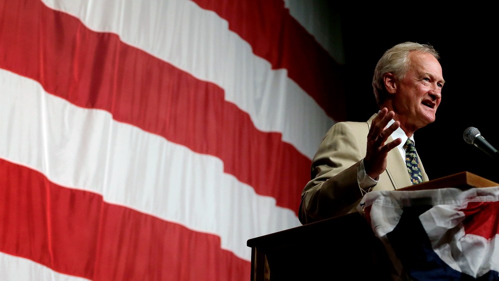 Democratic presidential candidate, former Rhode Island Gov. Lincoln Chafee, speaks at the Iowa Democratic Wing Ding at the Surf Ballroom, Aug. 14, 2015, in Clear Lake, Iowa. (Photo Charlie Riedel/AP)