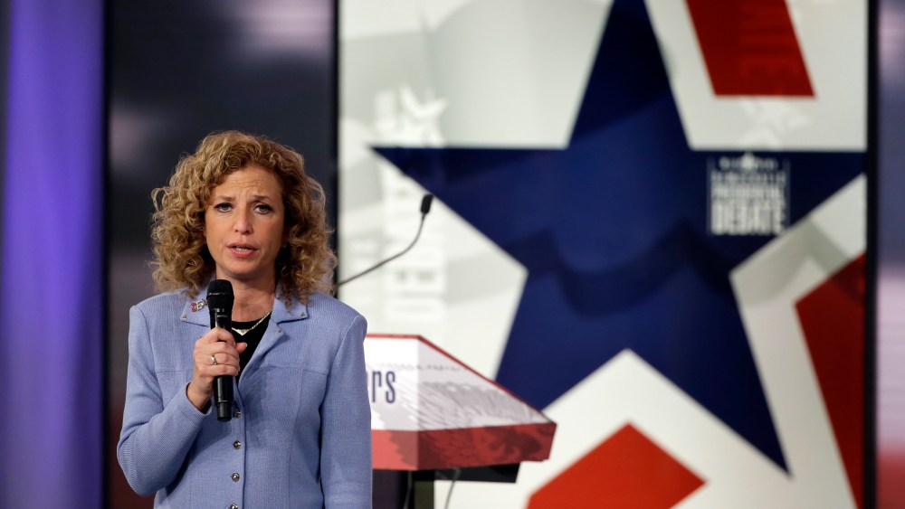 Democratic National Committee chair, Congresswoman Debbie Wasserman Schultz speaks before a Democratic presidential primary debate, Nov. 14, 2015, in Des Moines, Iowa. (Photo by Charlie Neibergall/AP)