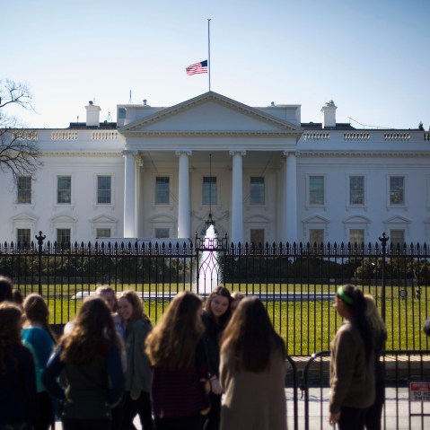 By President Obama's order, the U.S. flag is lowered to half staff above the White House in Washington, March 7, 2016, in remembrance of former first lady Nancy Reagan. (Photo by Pablo Martinez Monsivais/AP)