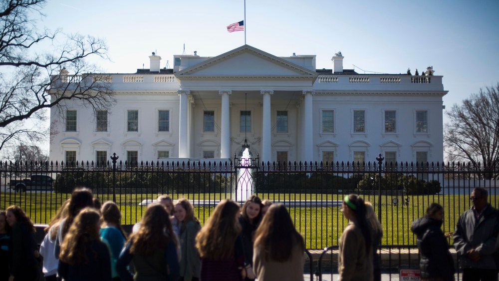 By President Obama's order, the U.S. flag is lowered to half staff above the White House in Washington, March 7, 2016, in remembrance of former first lady Nancy Reagan. (Photo by Pablo Martinez Monsivais/AP)