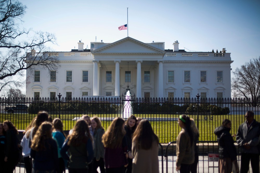 By President Obama's order, the U.S. flag is lowered to half staff above the White House in Washington, March 7, 2016, in remembrance of former first lady Nancy Reagan. (Photo by Pablo Martinez Monsivais/AP)