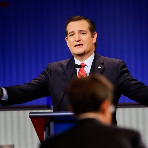 Republican presidential candidate Sen. Ted Cruz, R-Texas, answers a question during a Republican presidential primary debate, Jan. 28, 2016, in Des Moines, Iowa. (Photo by Charlie Neibergall/AP)