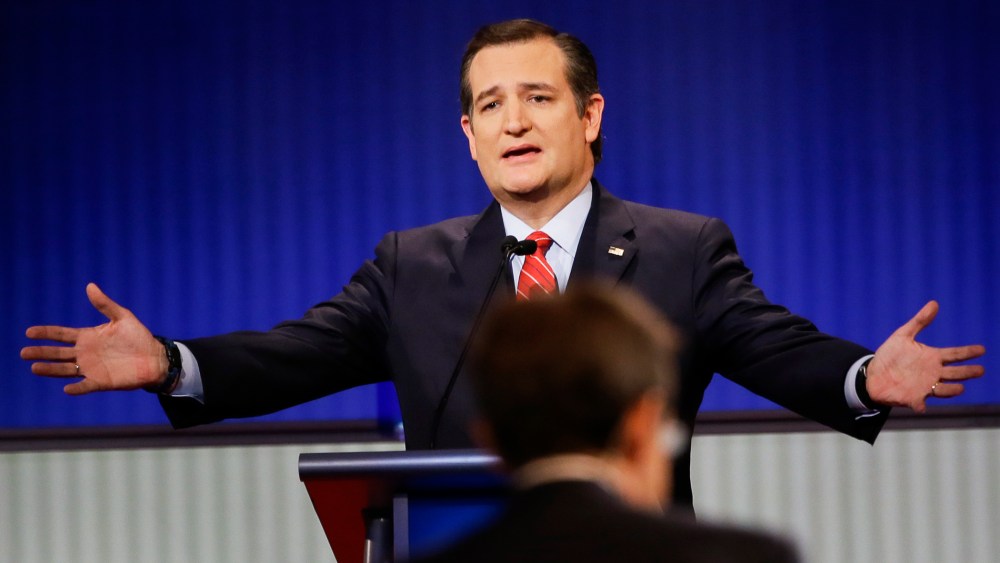 Republican presidential candidate Sen. Ted Cruz, R-Texas, answers a question during a Republican presidential primary debate, Jan. 28, 2016, in Des Moines, Iowa. (Photo by Charlie Neibergall/AP)