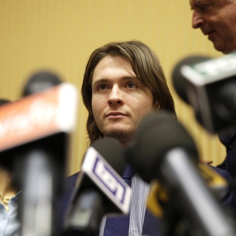 Raffaele Sollecito attends a press conference in Rome on March 30, 2015. (Photo by Andrew Medichini/AP)