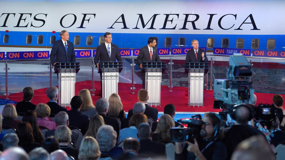 Republican presidential candidates appear during the CNN Republican presidential debate at the Ronald Reagan Presidential Library and Museum on Sept. 16, 2015, in Simi Valley, Calif. (Photo by Mark J. Terrill/AP)